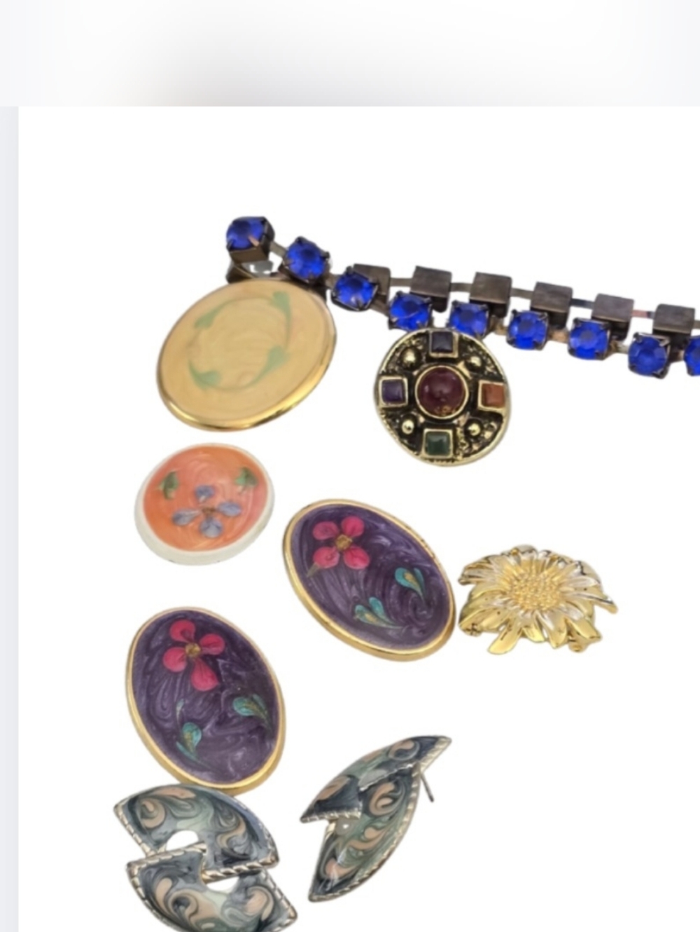 Vintage Costume Jewelry Lot 9pc - Enamel Floral Brooches & Post Earrings Boho